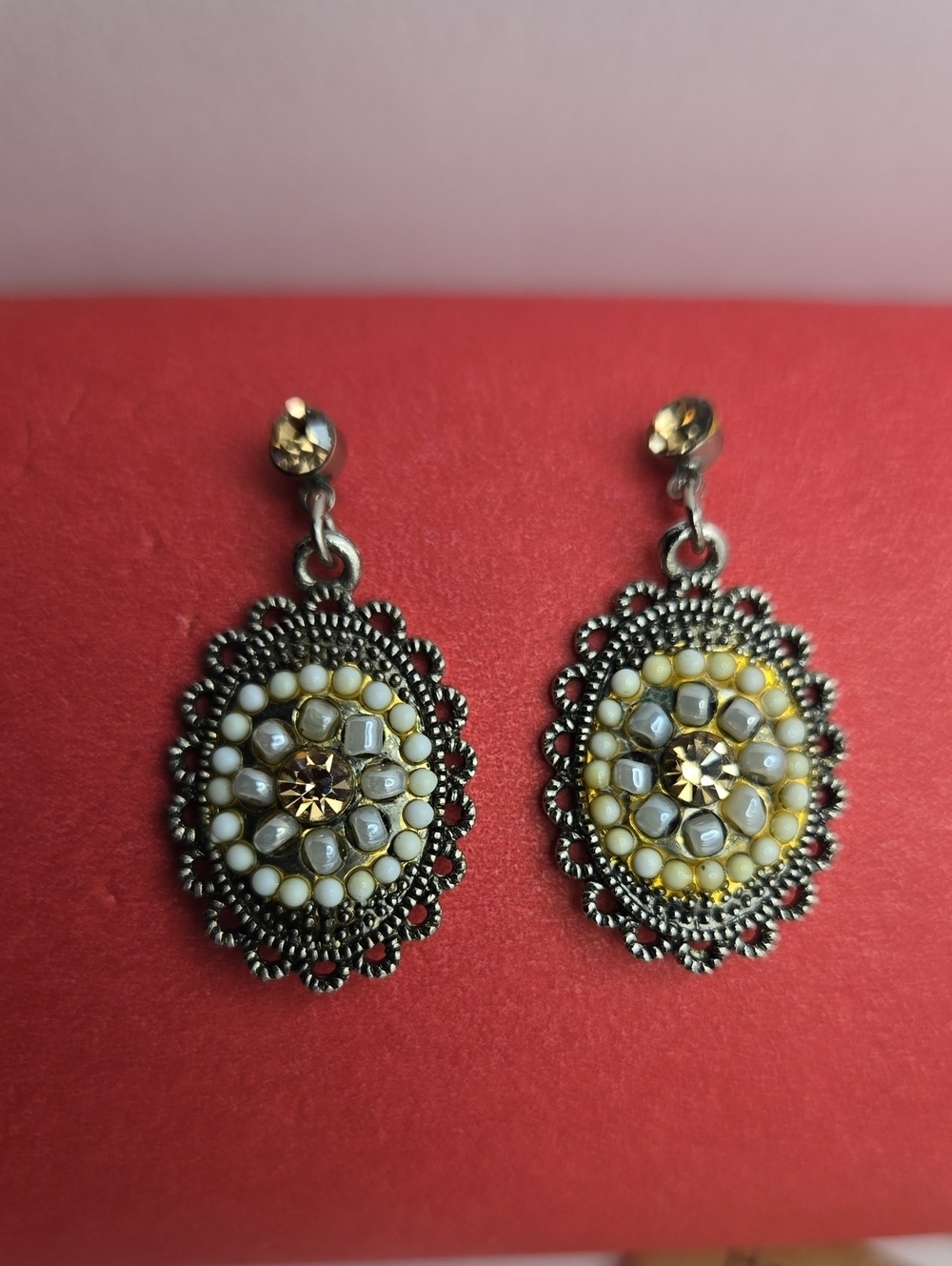 Vintage Sliver-Tone and White Bead Filigree Drop Earrings